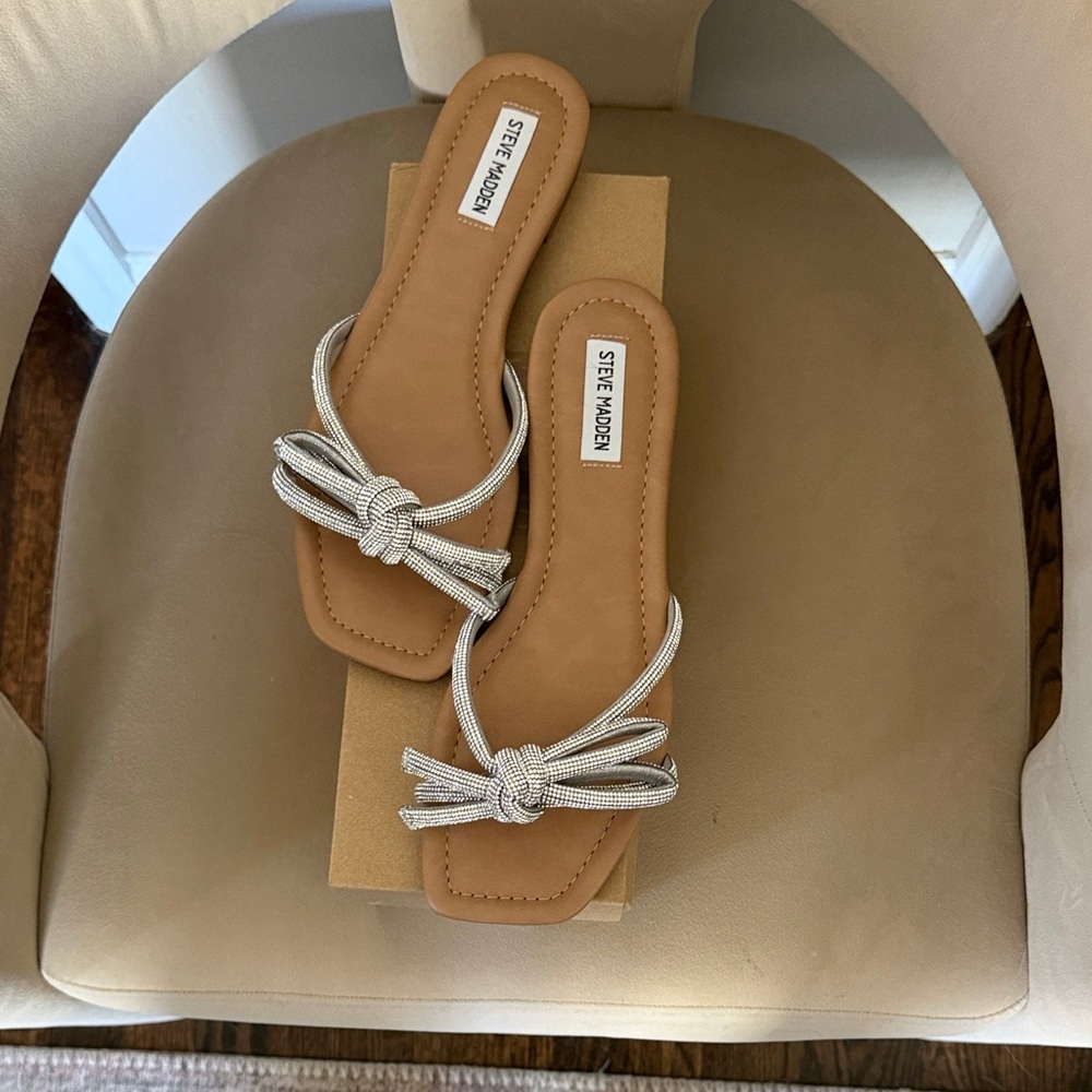 Steve Madden Silver Sequin Knotted Strap Tan Slide Sandals